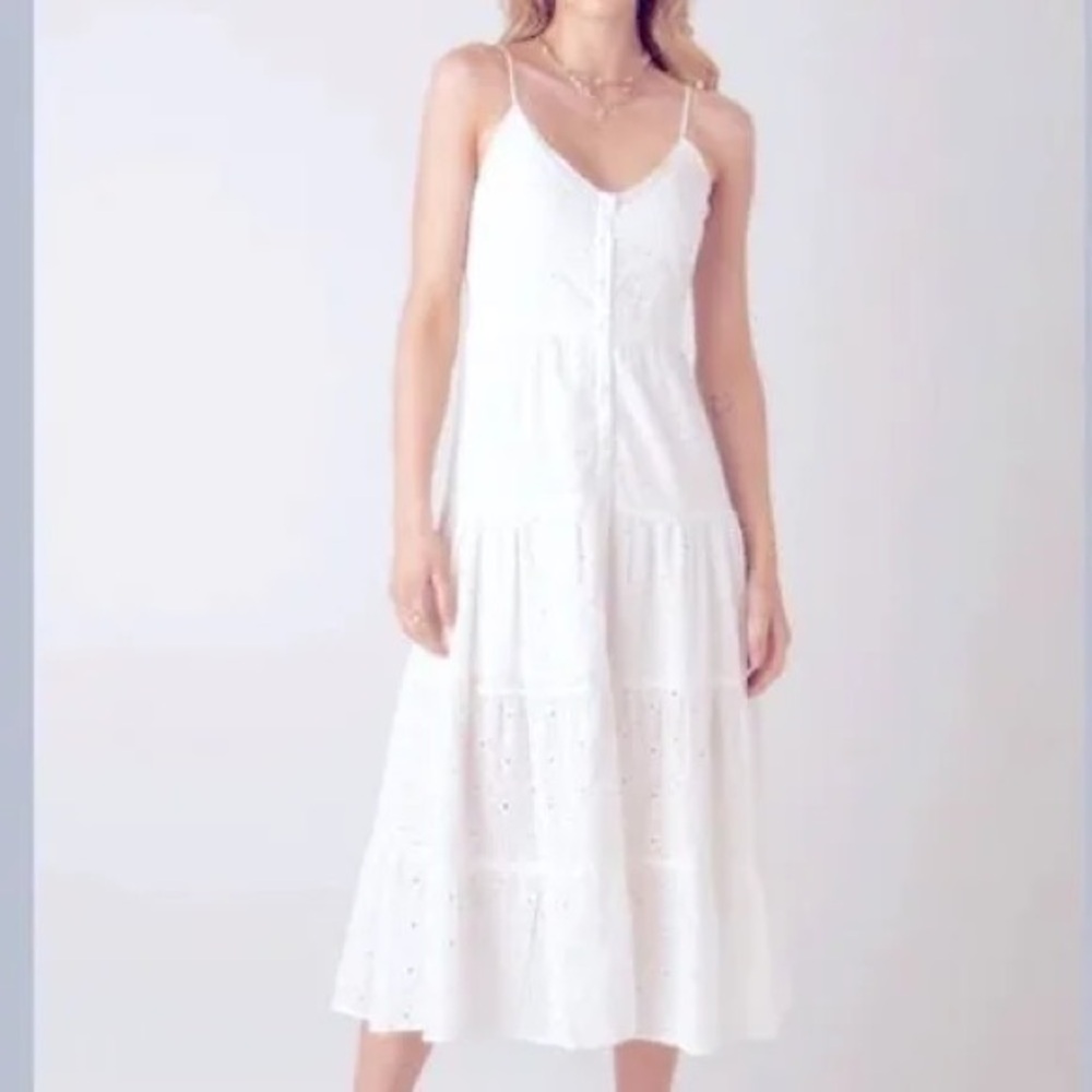 Patrons of Peace White Eyelet Tiered Cotton Midi Dress with Spaghetti Straps